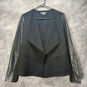 Vince Black Wool Lamb Leather Sleeve Draped Open Jacket Womens L Quiet Luxury